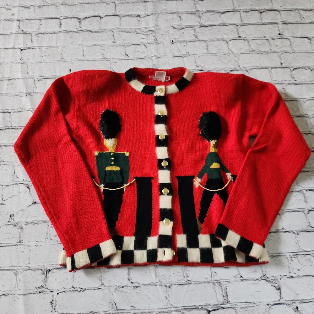 Rene Derby Small Vintage Red Nutcracker Toy Soldier Wool Angora Cardigan Sweater